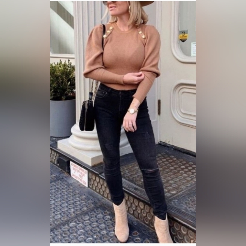 Zara Camel Button-Detail Sweater Top Fashion